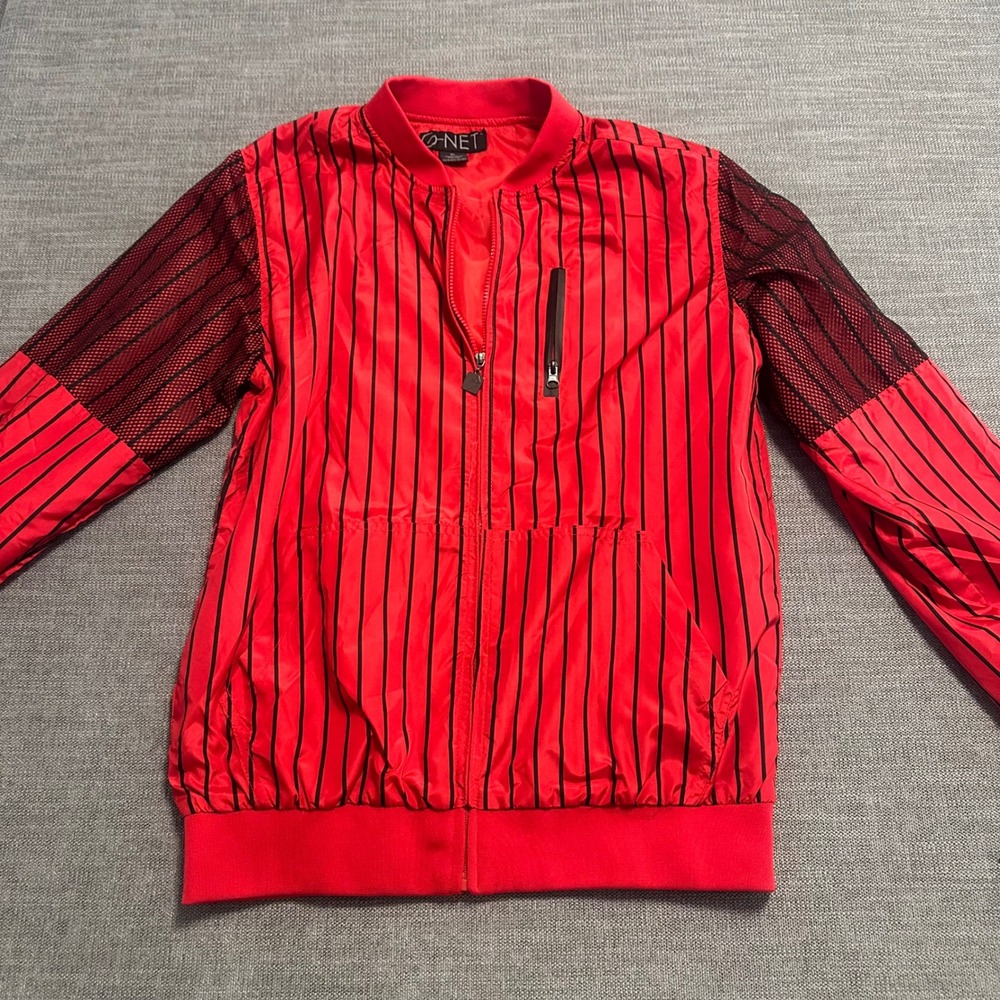 G-Net Bomber Jacket Mens XL Red Black Pinstripe New Mesh Sleeve Streetwear